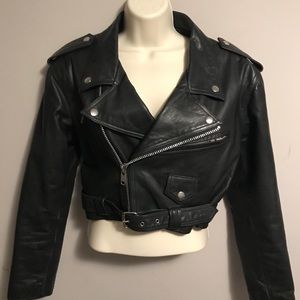 Cropped leather moto biker jacket